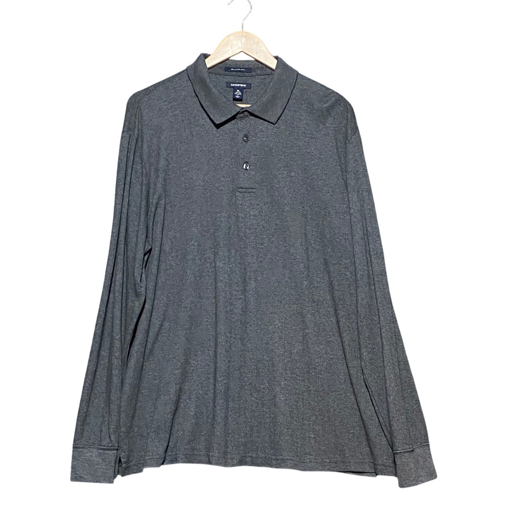 Lands End Mens XL Gray Herringbone 100% Supima Cotton Long Sleeve Polo Shirt